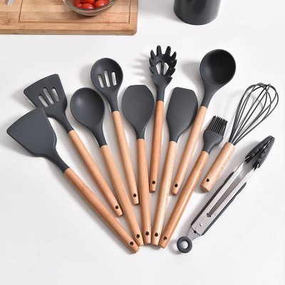 Reusable Adaptive Silicon Cooking Skimmer Stainless Steel Wood Tools Pink Camping 12 Pcs Silicone Kitchen Utensil Se